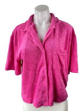 NEW Gap Women Pink Short Sleeve Towel Terry Pocket Button Down Shirt Top Size M